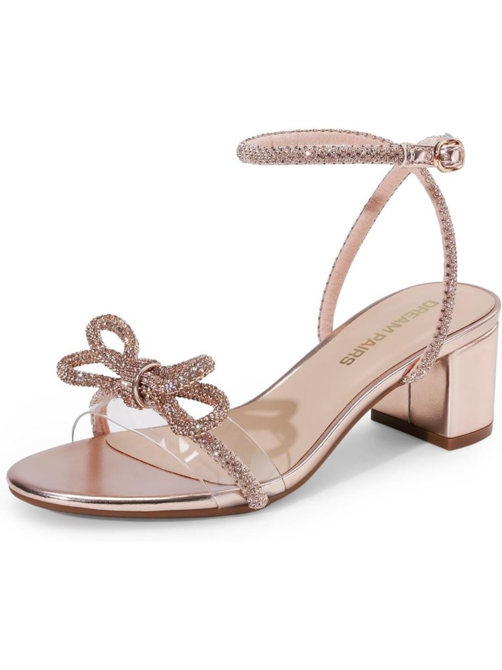 Dream Pairs Women's Champagne Open Toe Rhinestone Double Bow Chunky Sandals
